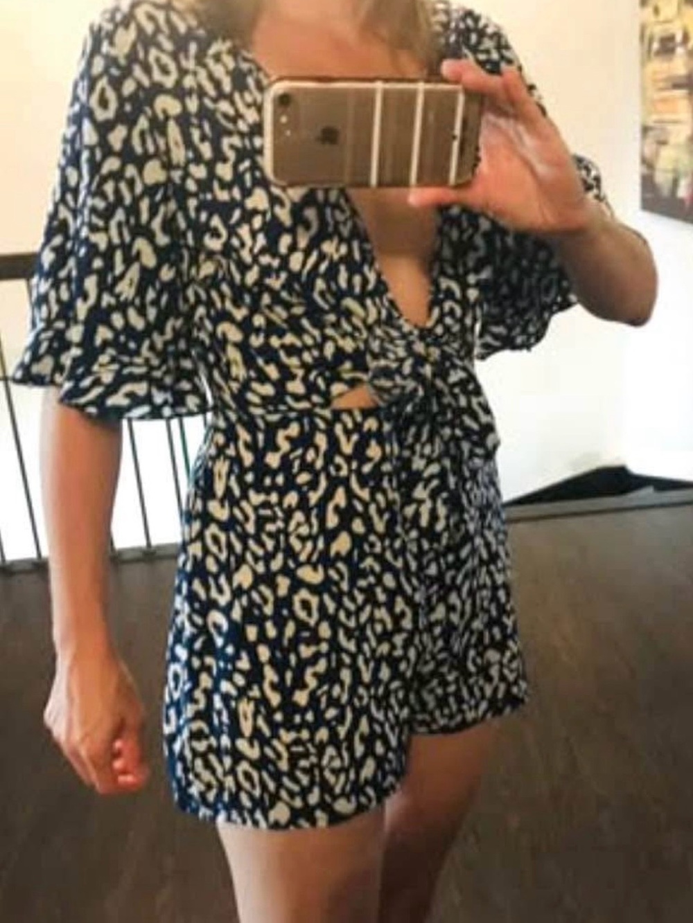 Women's Navy and Cream Printed Tie-Front Dress